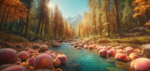  a river filled with lots of peaches sitting next to a forest filled with lots of tall trees and a forest covered with lots of tall, leaf covered trees. - obrazy, fototapety, plakaty