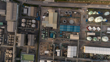 Aerial top view of water treatment plant, wastewater treatment plant and refinery.