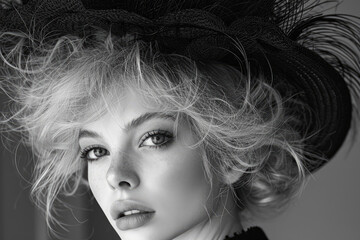Monochrome Elegant Woman in Vintage Hat with Feather Detail