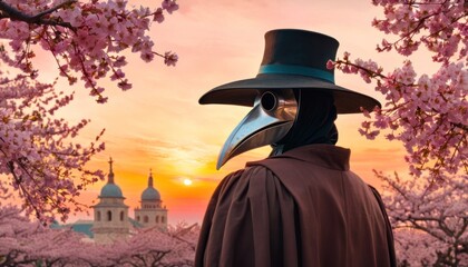  a man wearing a plague mask and a top hat standing in front of a tree with pink flowers in the foreground and a church in the background with a pink sky.