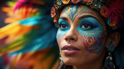 Carnival festival, Latin woman portrait traditional costume and feathers headdress