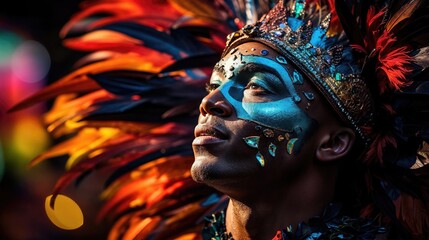 Carnival festival, Latin man portrait traditional costume and feathers headdress