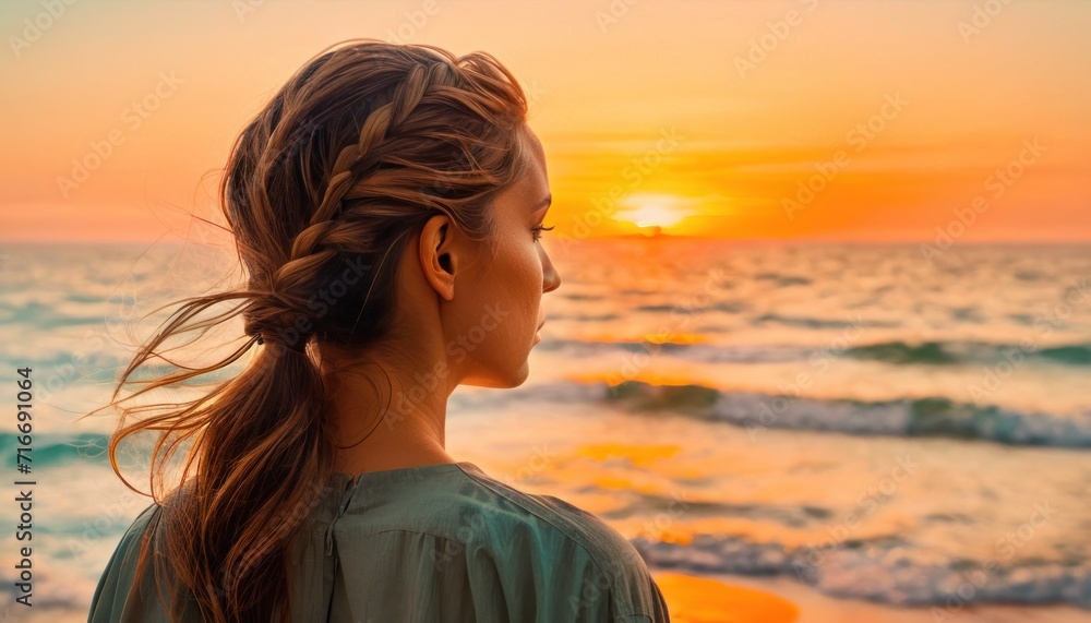 Sticker  a beautiful young woman standing on top of a beach next to the ocean with a ponytail in front of her head and the sun setting in the distance behind her.