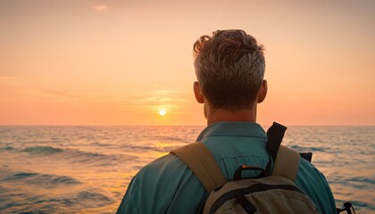  a man with a backpack looks out at the ocean as the sun sets over the ocean and the horizon is almost obscured by the horizon line of a distant horizon. - obrazy, fototapety, plakaty