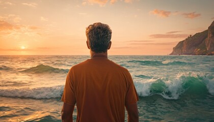  a man standing at the edge of the ocean watching the sun go down over the ocean and a rock outcropping in the middle of the middle of the water.