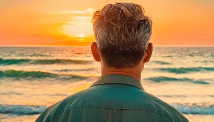  the back of a man's head as he stands on a beach with the sun setting over the ocean and waves coming in from the water and behind him. - obrazy, fototapety, plakaty