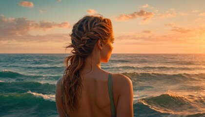  a woman standing in front of a body of water with a sunset in the back ground and clouds in the sky over the water and a body of water with waves in the foreground.
