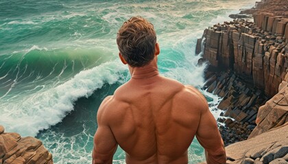  a man standing on the edge of a cliff looking at a body of water with a wave coming in from behind him and a rock formation in the foreground.