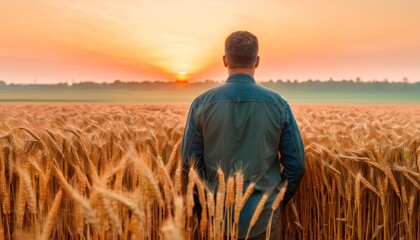  a man standing in a field of wheat watching the sun go down over a field of ripening wheat as the sun sets in the distance over the horizon behind him.