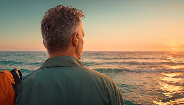  a man sitting on a boat looking out at the ocean with the sun setting over the ocean and the waves crashing on the shore and the water in the foreground.