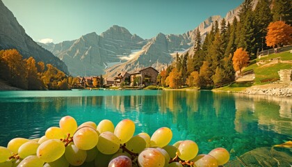  a bunch of grapes sitting on top of a tree next to a body of water with a mountain range in the background and a house on the other side of the lake. - obrazy, fototapety, plakaty