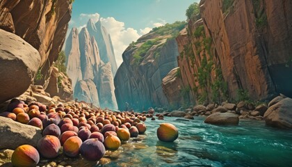  a river filled with lots of water and lots of fruit on the side of a cliff next to a river filled with lots of water and lots of fruit on the side of rocks. - obrazy, fototapety, plakaty
