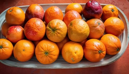  a bunch of oranges sitting on top of a white platter on a red tile floor next to an apple and an orange in the middle of the picture.