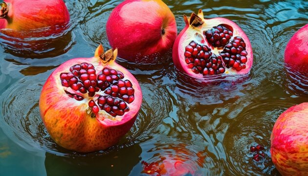  a group of pomegranates floating on top of a body of water with drops of water on the bottom of the pome and bottom of the pomegranates.