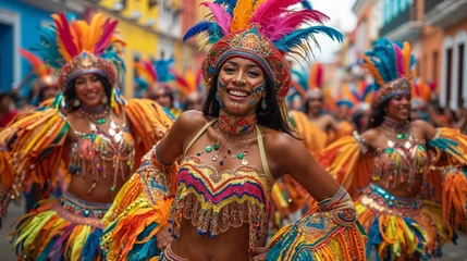 Papier Peint Lavable Carnaval Carnival festival parade, Latin woman dancer in traditional costume and headdress