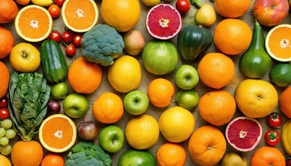  a table topped with lots of different types of fruits and vegetables next to oranges, apples, and cucumbers on top of each other fruits and vegetables.