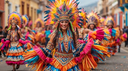 Carnival festival parade, Latin woman dancer in traditional costume and headdress