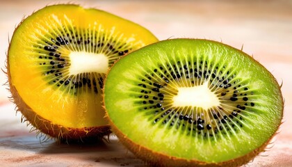  a cut in half kiwi fruit sitting on top of a white and pink counter top next to a cut in half kiwi on top of another kiwi.