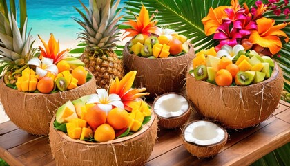 Obraz na płótnie Canvas a wooden table topped with coconut bowls filled with fruit and a pineapple next to other fruit and vegetables on top of a wooden table next to a body of water.