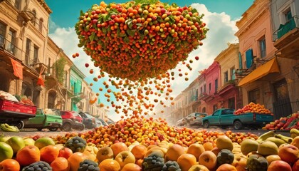  a bunch of fruit is floating in the air in the middle of a street with cars parked on the side of the road in front of the street and on the other side of the street.