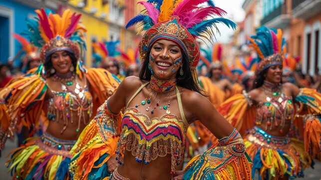 Carnival festival parade, Latin woman dancer in traditional costume and headdress