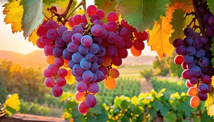  a bunch of grapes hanging from a vine in a vineyard with the sun shining through the leaves and the vines in the foreground, with a vineyard in the background. - obrazy, fototapety, plakaty