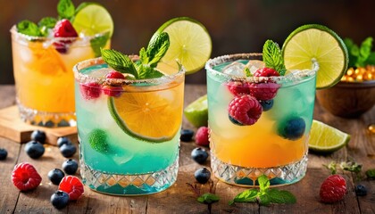  a close up of two glasses of drinks with fruit on the rim and a bowl of strawberries and raspberries on the rim with limes and blueberries.