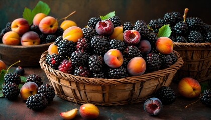  a basket full of blackberries and peaches next to a basket of peaches and a basket of blackberries and peaches on a table with green leaves.