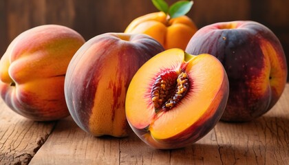  a group of peaches sitting on top of a wooden table next to a piece of fruit with a bite taken out of one of one of one of the peach.