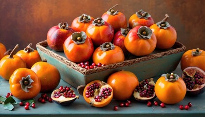  a bowl filled with lots of oranges and pomegranates on top of a table next to a bunch of pomegranates on a table.