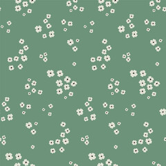 Seamless floral pattern, liberty ditsy print with mini simple flowers buds. Cute botanical design, minimalist pattern: small hand drawn white flowers, tiny plants on a green background. Vector.