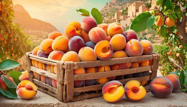  a crate filled with lots of peaches next to a bunch of peaches on a table next to a bush with green leaves and a mountain in the background.