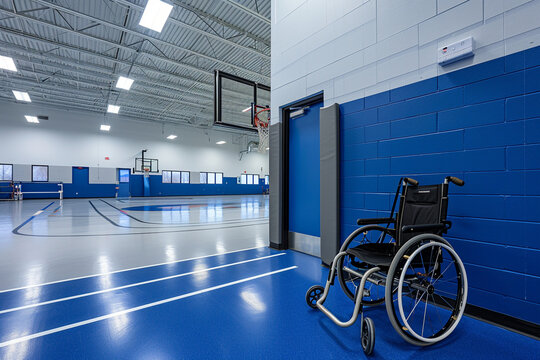minimalist adaptive sports facility with specialized equipment, highlighting the opportunities for individuals with disabilities to engage in recreational activities in a minimalis