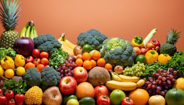  a pile of assorted fruits and vegetables sitting on top of each other in front of a brown background with a red wall in the center of the image is a pile of assorted fruits and vegetables.