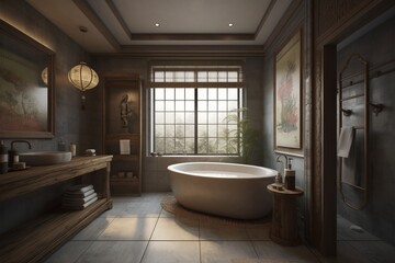 Interior of bathroom in Chinese style house.