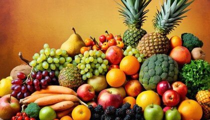  a pile of fruit including pineapples, bananas, oranges, grapes, apples, pineapples, oranges, grapes, bananas, and pineapples.