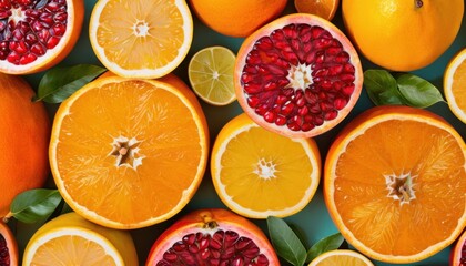  oranges, pomegranates, and limes are arranged in a pattern on a blue surface with green leaves and oranges in the center of the image.