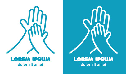 Two hands, a hand of a child, an adult, touch their palms. Simple linear symbol, concept of care, childhood protection, support, etc. Line art element for logo, icon, other design. Vector illustration