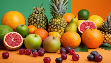  a pile of fruit sitting on top of a table next to a pile of grapes, oranges, apples, lemons, and a pineapple on top of a table.
