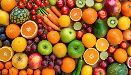 Fotobehang  a variety of fruits and vegetables laid out in the shape of a fruit and veggie pattern, including oranges, apples, oranges, bananas, and watermelons. © Jevjenijs