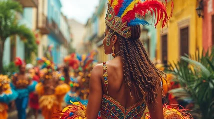 Wall murals Carnival Carnival festival, Latin woman dancer in traditional costume and headdress, rear view