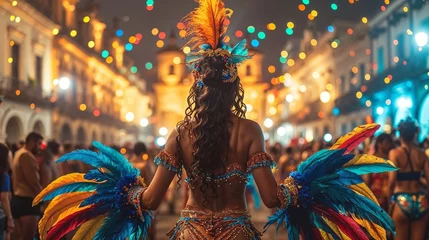 Stickers pour porte Carnaval Carnival festival, Latin woman dancer in traditional costume and headdress, rear view