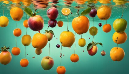 Fototapeta na wymiar a group of fruit hanging from strings in the water with oranges, apples, cherries, lemons, and cherries hanging from the bottom of the water.