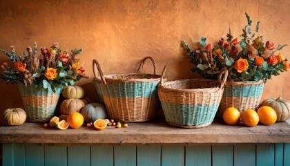 Fototapeta na wymiar a bunch of baskets sitting on top of a wooden table filled with oranges and gourds with flowers and pumpkins on the side of the table next to the basket.