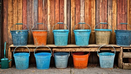  a bunch of buckets are lined up on a wooden shelf in front of a wooden wall with a wooden slatted wall behind it and a row of blue and orange buckets. - obrazy, fototapety, plakaty