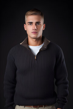 realistic photo, a guy in full face to the waist, with a very short haircut, blond hair. dark-colored shirt, mock-up, model