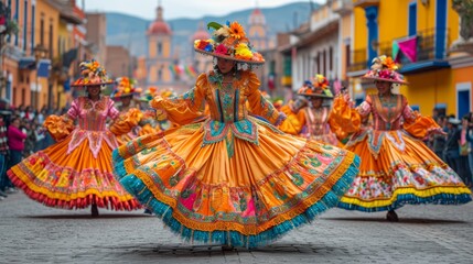 Fototapeta premium Carnival festival, Latin woman dancer in traditional costume and headdress, rear view