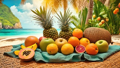  a pile of fruit sitting on top of a table next to a painting of a beach and a pineapple, banana, oranges, and a melon.