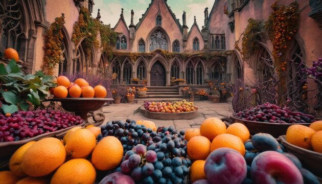  a display of fruit in front of a building with a clock on the side of the building and a lot of oranges and plums in the foreground.