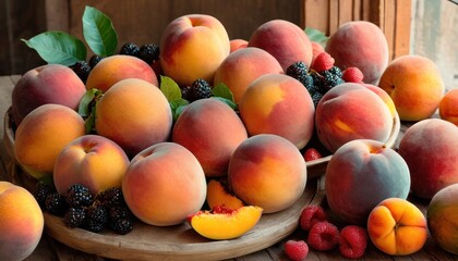  a pile of peaches, raspberries, and blackberries sit on a table with a plate of peaches and raspberries in front of them.